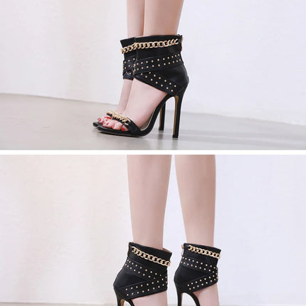 Aneikeh Sexy Rivet Metal Chain Sandals Boots Peep Toe Thin Heel Pumps Gladiator Sandalias Zipper Women High Shoes Summer 2025
