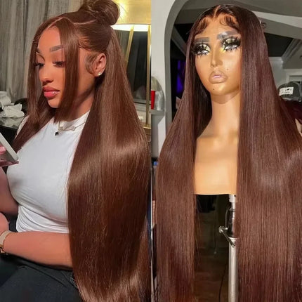 13x6 HD Chocolate Brown Bone Straight Lace Front Wig  36 Inch Lace Frontal Wig Human Hair Pre Plucked #4 Colored Human Hair Wig