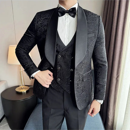 New (Blazer+vest+pants) for Men. Fashion. Casual. British Style. Singer Performance. High Density Jacquard Wedding Dress. Suit