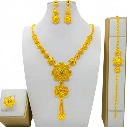 France Ethiopian Gold Color Jewelry Set For Women Dubai Necklace Bracelet Earrings Ring Set African Wedding Choker Wholesale
