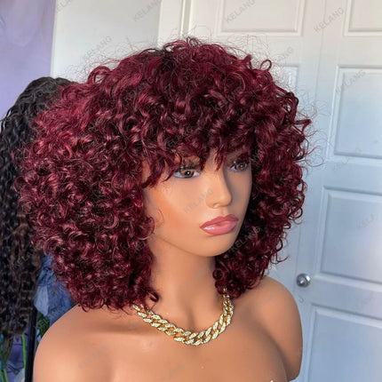 99J Rose Curly Fumi Human Hair Wig With Bangs Full Machine Made Deep Wave Bob For Women Virgin Brazilian Burgundy Blonde Colored