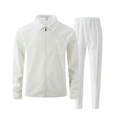 Men's Business Casual Two-Piece Set Spring Autumn Waffle Zippered Shirt Coat And Trousers Trendy Fashionable Outfit