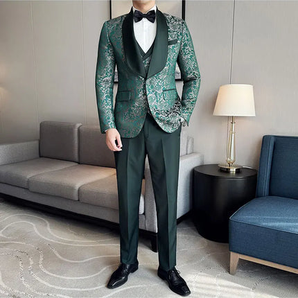 New (Blazer+vest+pants) for Men. Fashion. Casual. British Style. Singer Performance. High Density Jacquard Wedding Dress. Suit