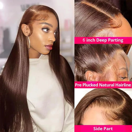 13x6 HD Chocolate Brown Bone Straight Lace Front Wig  36 Inch Lace Frontal Wig Human Hair Pre Plucked #4 Colored Human Hair Wig