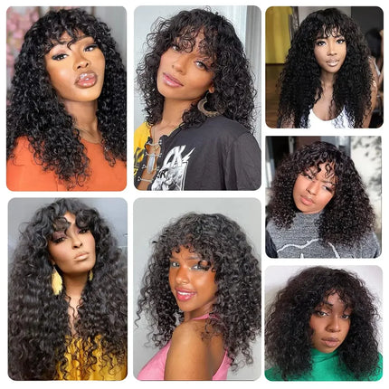 30 inch Water Wave Human Hair Wigs With Bangs Glueless Fringe Wig Kinky Curly Bob Wig with Bangs Full Machine Made Wig 180%