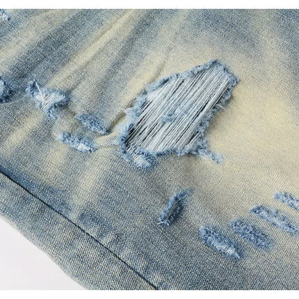 Men Stretch Slim Fit Ripped Jeans with Leather Patchwork