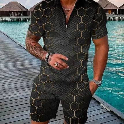 New 2025 Men's Polo Suit Fashion Men Sets Solid Summer V-neck Zipper Short Sleeve POLO Shirt+Shorts Two Pieces Men Casual Suit