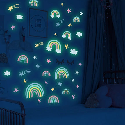 Kids’ Room Luminous Rainbow &amp; Cloud Wall Sticker – Glow-in-the-Dark Cartoon Decor