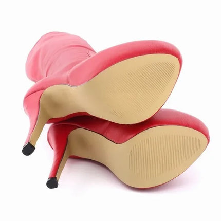 New Large Size Women Boots Autumn Winter Sexy 14cm Super High Heels Long Over Knee Long Boots Leather Round Toe Red Pumps Shoes