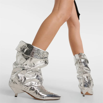 Arden Furtado 2025 Spring leopard print Large tubular boots Pointed toe Slip-on Pleated Middle heel Modern boots Short boots