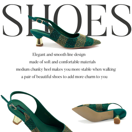 QSGFC Nigerian Women Heel Party Ladies Italian Design Green Shoes And Bag Set Decorated with Rhinestone Handbag Wedding Party