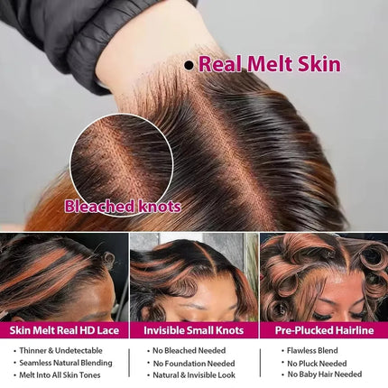 Linktowig 300 High Density Highlight Wig Human Hair Body Wave 13x6 HD Lace Frontal Wigs 1B/30 Black Brown Colored Human Hair Wig