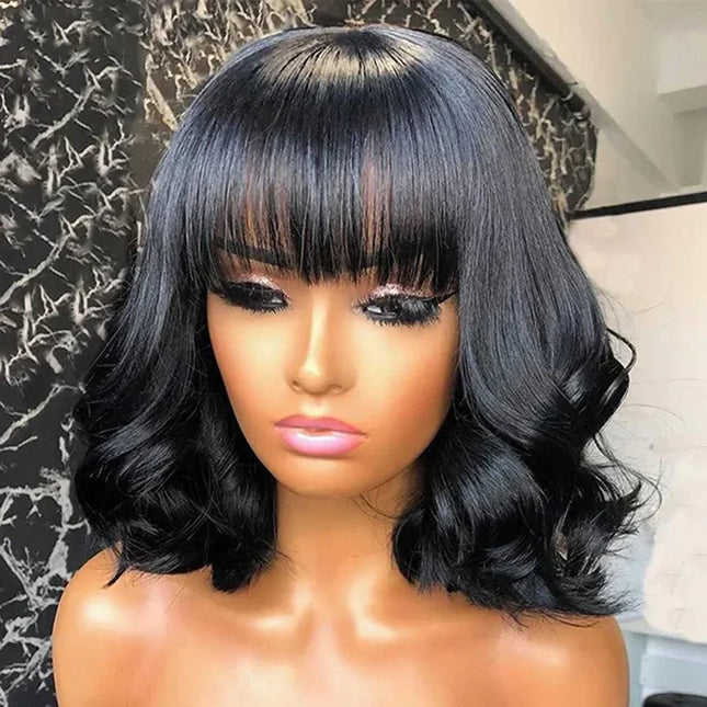 Short Bob Wig Loose Body Wave Wig With Bangs Brazilian Remy 100% Human Hair Wigs For Women Full Machine Glueless Wavy Bob Wigs