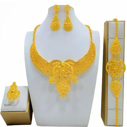 France Ethiopian Gold Color Jewelry Set For Women Dubai Necklace Bracelet Earrings Ring Set African Wedding Choker Wholesale