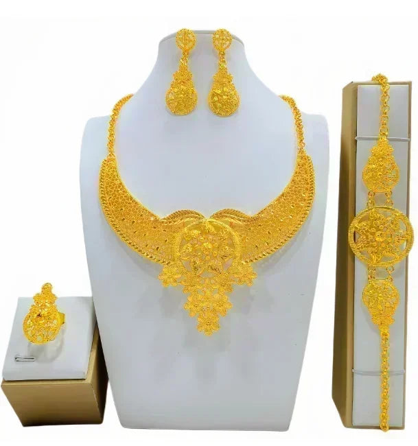 France Ethiopian Gold Color Jewelry Set For Women Dubai Necklace Bracelet Earrings Ring Set African Wedding Choker Wholesale