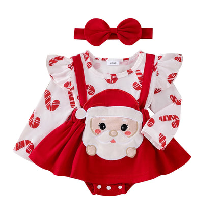 Baby Girl Festival Clothes Outfit Ruffle Trim Patch Long Sleeve Romper Dress with Bow Headband 2 Piece Set for Toddlers