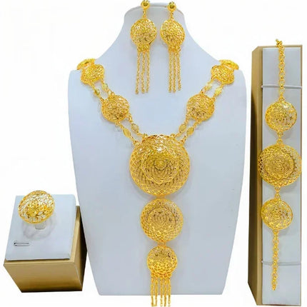 France Ethiopian Gold Color Jewelry Set For Women Dubai Necklace Bracelet Earrings Ring Set African Wedding Choker Wholesale