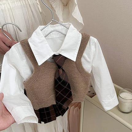 Childrens Clothing Set 2025 Autumn New Item Childrens Shirt Knitted Vest Short Skirt Three Piece Set Toddler Girl Clothes