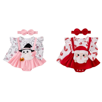 Baby Girl Festival Clothes Outfit Ruffle Trim Patch Long Sleeve Romper Dress with Bow Headband 2 Piece Set for Toddlers