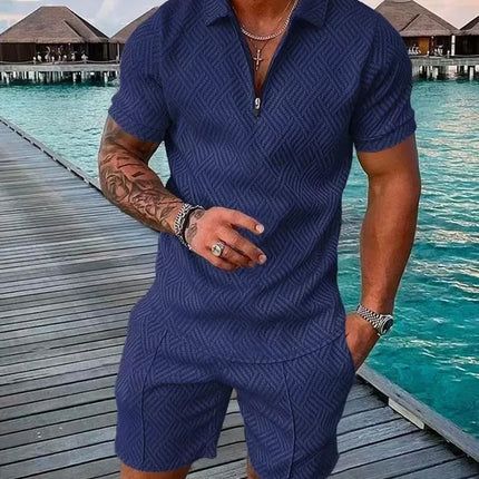 New 2025 Men's Polo Suit Fashion Men Sets Solid Summer V-neck Zipper Short Sleeve POLO Shirt+Shorts Two Pieces Men Casual Suit
