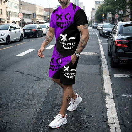 Funny 3D Demon Face Print Men Short Sleeve T-Shirt Shorts Two Piece Sets Hip Hop Trend Harajuku Streetwear Summer Casual Outfit