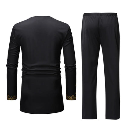 African Men's Shirt Pants Set Metallic Print Tops Long Sleeves Clothing V Neck Matching Traditional Suit With Trouser For Men