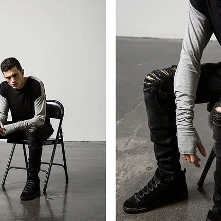 Denim Pencil Ankle Length Pants Men Jean Ripped Washed Zipper Fly Hole Jeans Skinny Solid Pockets High Street Distressed