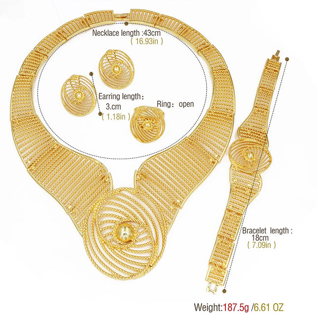 Africal Gold Color Big Jewelry Set Hollow Out Design Necklace Bracelet Earring Ring For Women Bridal Wedding Jewellery Gift