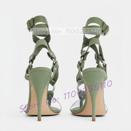 Green Buckle Cross Strap Heeled Sandals Women Open Toe Metal Rivets Flip-flops Ladies Luxury Summer Ankle Strap Stiletto Shoes