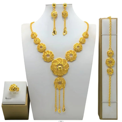 France Ethiopian Gold Color Jewelry Set For Women Dubai Necklace Bracelet Earrings Ring Set African Wedding Choker Wholesale