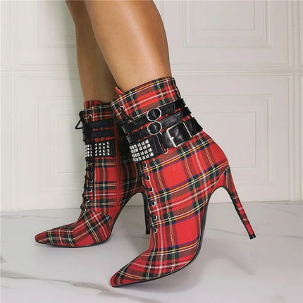 New Red Tartan Design Ankle Boots Lady Fashion Increasing Heel Spring Boots Sexy Female Platform Shoes With Buckle and Strap