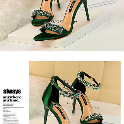 Soft Silk Open Toe Women Sandals 2024 Summer Luxury Crystal Ankle Buckle High Heels Shoes Bride Party Lady Green Red Black Pumps