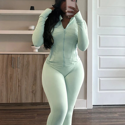 Weird Puss Sporty Casual 2 Piece Set Women Hooded Zipper Turtleneck Jacket+Skinny Straight Pants Matching Trend Workout Suit