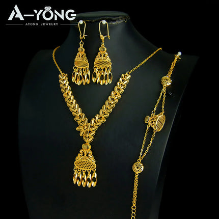 Luxury Dubai Wedding Jewelry Set 21k Gold Plated Arab Bridal Gold Necklace Bracelet Earrings Brazilian Women Vintage Jewelrys