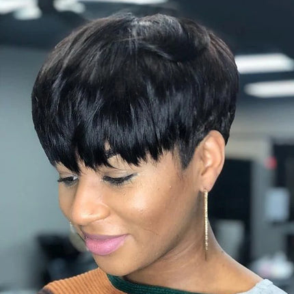 1B Pixie Short Cut Colored Straight Human Hair Wigs With Bangs Fringe Full Machine Made Wigs For Women Brazilian Natural Black