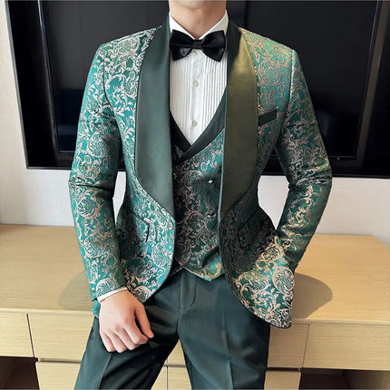 New (Blazer+vest+pants) for Men. Fashion. Casual. British Style. Singer Performance. High Density Jacquard Wedding Dress. Suit