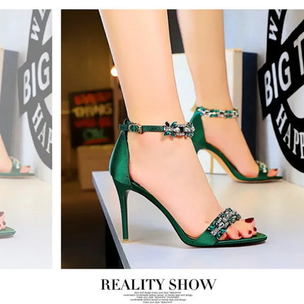 Soft Silk Open Toe Women Sandals 2024 Summer Luxury Crystal Ankle Buckle High Heels Shoes Bride Party Lady Green Red Black Pumps
