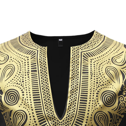African Men's Shirt Pants Set Metallic Print Tops Long Sleeves Clothing V Neck Matching Traditional Suit With Trouser For Men