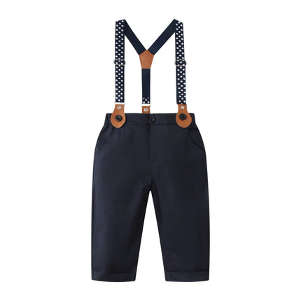 Gentleman Spring Autumn Outfit for Newborn Boy Cotton Baby First Formal Birthday Clothes Solid Pant with Strap Toddler Party Set