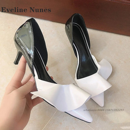 Ruffles Patent Leather Women Sandals Pointed Toe Stiletto Cover Heel Side Air High Heels Mixed Colors Slip On Shallow Shoes Sexy