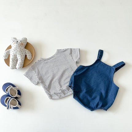 2024 Summer Cool Toddler Baby Clothing Set for Newborn Girls Striped T-shirt and Denim Bodysuits Overalls 2Pcs Boys Suits