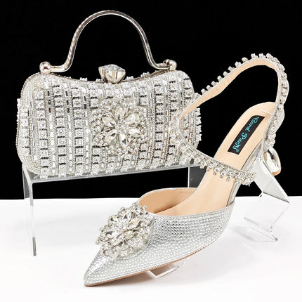African Special Banquet Elegant Style Silver Color Party Wedding Pointed Toe  Heel Women Shoes and Bag Set With Rhinestone