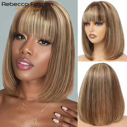 Rebecca Human Hair Wigs For Women Straight Bob Peruvian Hair Wigs Omber Blonde Brown Colored 3x1 Part Lace Wigs Real Woman Wigs