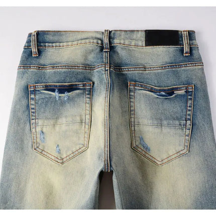 Men Stretch Slim Fit Ripped Jeans with Leather Patchwork