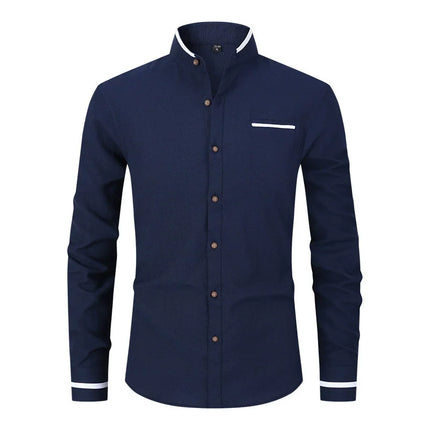 New Fashion Patchwork Long Sleeeve Casual Shirts Men Stand Collar Slim Fit Blouses High Quality Spirng Autumn Male Dress Shirt