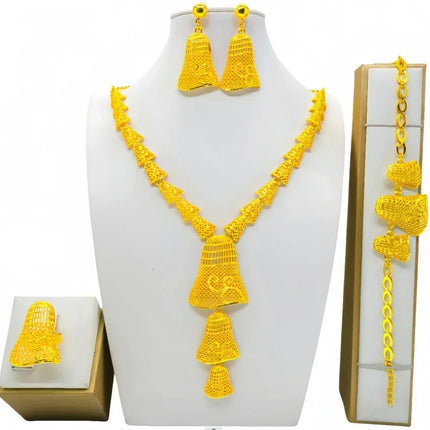 France Ethiopian Gold Color Jewelry Set For Women Dubai Necklace Bracelet Earrings Ring Set African Wedding Choker Wholesale