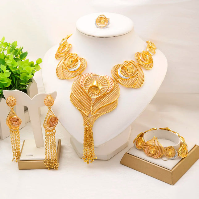 Liffly 24K Alloy Dubai Jewelry Sets for Women Gold Color Necklace Earrings Bracelet African Bridal Wedding Jewellery Wholesale