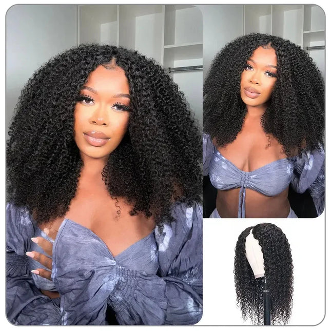 Kinky Curly Hair V Part Wigs No Leave Out Thin Part Human Hair Wigs For Beginners Afro Curly Glueless V Part Wigs Black Wig