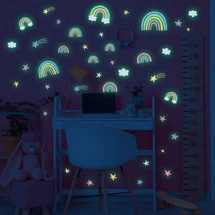 Kids’ Room Luminous Rainbow &amp; Cloud Wall Sticker – Glow-in-the-Dark Cartoon Decor