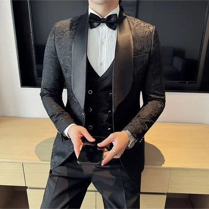 New (Blazer+vest+pants) for Men. Fashion. Casual. British Style. Singer Performance. High Density Jacquard Wedding Dress. Suit